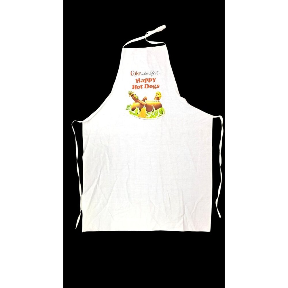 Vintage Coca-Cola Coke Happy Hot Dogs White Apron Graphic Print From 1970s New - Picture 1 of 5